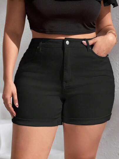 EMERY ROSE Plus Size Autumn Casual Solid Color Slim Fit Denim Shorts Autumn Outfits For Women Festival Outfits Casual Vacation Outfits Woman Boho Women's Clothing