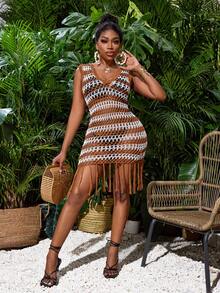 SHEIN Slayr Women Vacation Beach Contrast Color Striped Hollow Out Knitted Fringed Bodycon Mini Sweater Dress - Multicolor - View 4