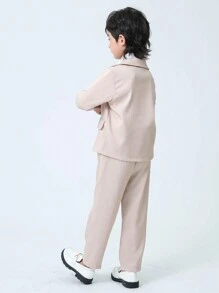 SHEIN 2pcs Young Boy Casual & Simple English Gentleman Style Flower Boy Wedding Piano Concert Long Sleeve Suit Jacket And Pants Suitable For Daily Wear, Performance, , Wedding, And All Seasons - Khaki - View 2