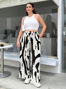 SHEIN EZwear Mujeres Pantalones de pierna ancha plisados con cintura con cordón y estampado de cebra en tallas grandes - Blanco y Negro - Ver 3