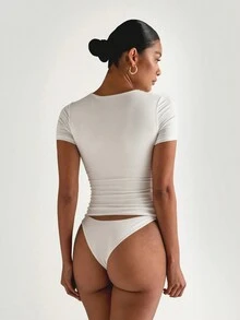 Áo thun nữ XLLAIS cổ tròn tay ngắn màu trơn cơ bản ôm sát thường ngày - trắng - Xem 4