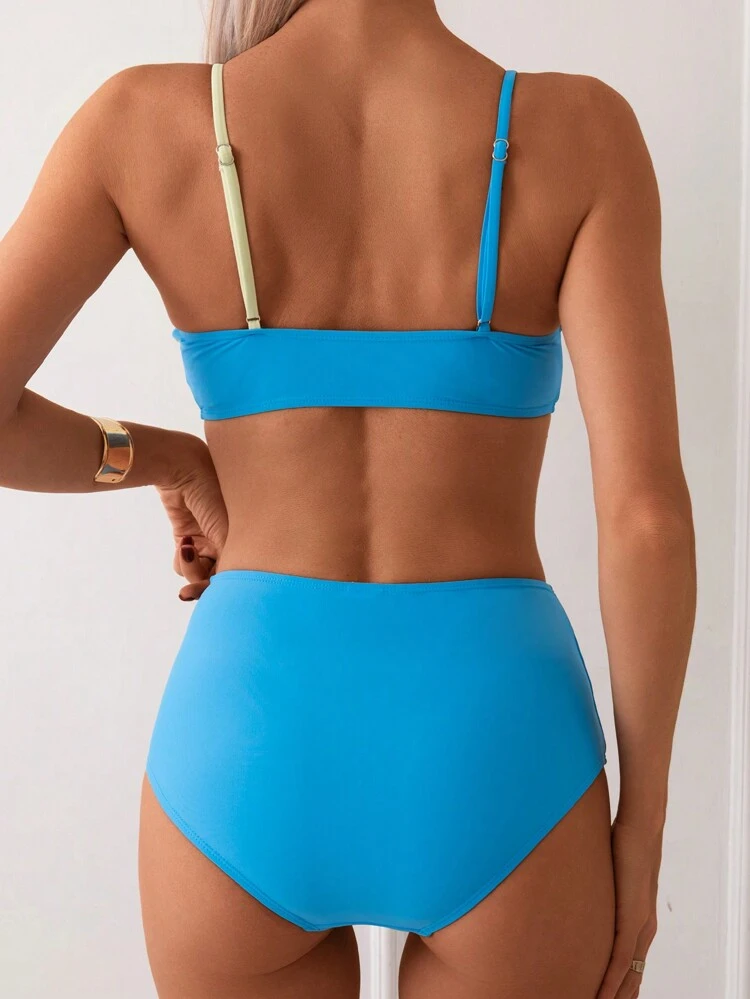 Ladies Color Block Simple Daily Bikini Set For Summer Beach