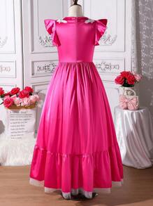 SHEIN Tween Girl High Low Lace And Stretch Satin A-Line Dress - Hot Pink - View 2