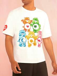 SHEIN X Care Bears Camiseta blanca de manga corta floja casual para hombre con estampado de oso Care Bear de patrón veraniego y divertido de dopamina - Blanco - Ver 4