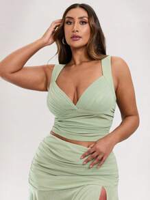 SHEIN BAE Plus Size Damski Letni Wakacyjny Odświeżający Zielony Elastyczny Siateczkowy Bez Rękawów Marszczony Uniwersalny Top Bez Ramiączek Szerokich