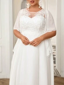 SHEIN Belle Plus Size White Handmade Luxury Lace Embroidery 3D Flower Stand Collar Ruffled Sleeve Minimalist Gift For Party, Single Party, Elegant And Intellectual Wedding Dress Bridal Dress,Bride - White - View 3