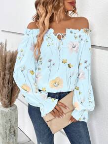 SHEIN VCAY Áo trễ vai nữ in hoa viền bèo - Nhiều màu - Xem 5