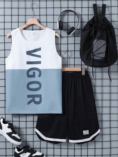 Teen Boy Summer Round Neck Letter Print Colorblock Tank Top And Shorts Set
