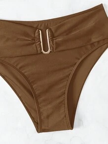 SHEIN Swim 女士夏季海灘無線胸罩和泳裤比基尼套裝，度假必備泳衣 - 咖啡棕 - 查看 7