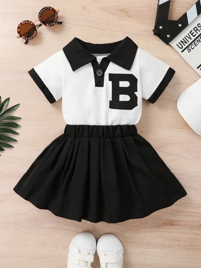 2pcs Young Girl Summer Party/Casual Collared Half-Buttoned Top And Pleated Skirt Set With Letter Print