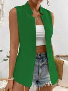 Women Summer Simple Casual Solid Color Suit Vest With Open Front - Green - View 3