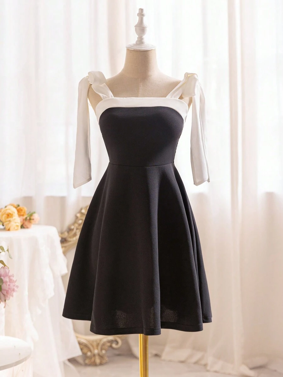 Soleia 女性時尚拼色蝴蝶結＆擺動裙擺連衣裙 - 黑與白 - 查看 1