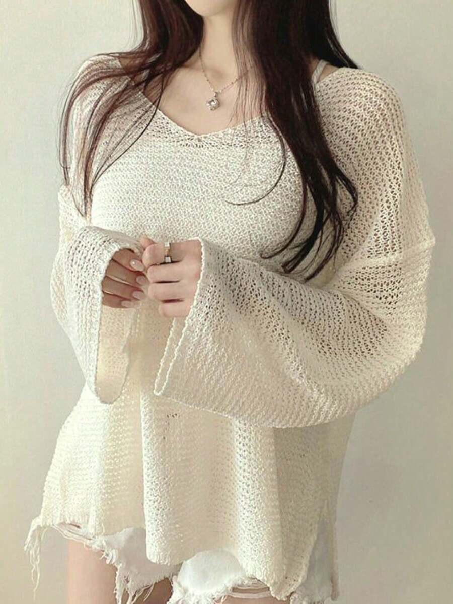 镂空半透明落肩开衩下摆休闲长袖毛衣 - 米色 - 查看 1