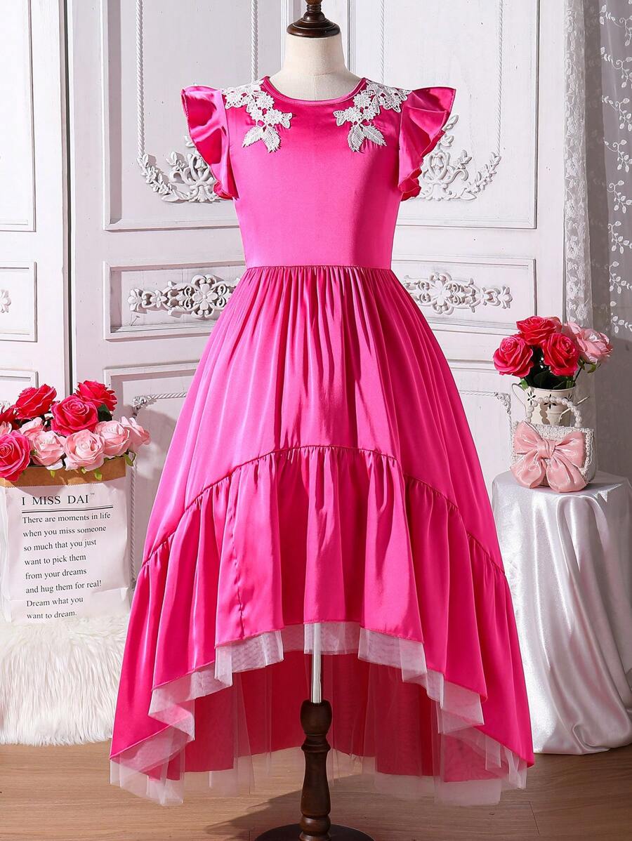 SHEIN Tween Girl High Low Lace And Stretch Satin A-Line Dress - Hot Pink - View 1