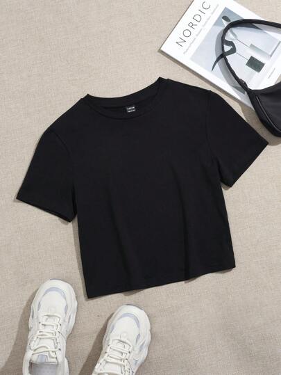 SHEIN EZwear Camiseta de mujer de manga corta, cuello redondo, casual, negra, ajustada, adecuada para primavera/verano, mezcla de algodón