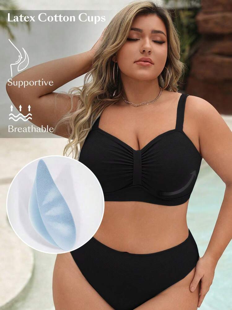 Swim Chiccia Plus Size Women Summer Beach Solid Color Simple Daily Bikini Top - Black - View 4