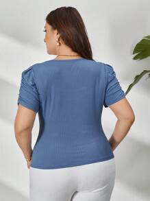 SHEIN Privé Plus Size Solid Color Ribbed Knitted Puff Sleeve T-Shirt - Dusty Blue - View 2
