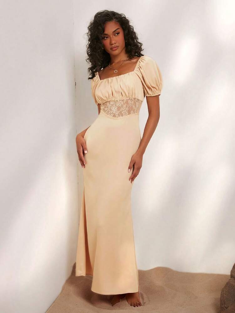 Solid Color Woven Bubble Sleeve Fishtail Summer Dress In Simulated Silk Material, Perfect For Vacation
