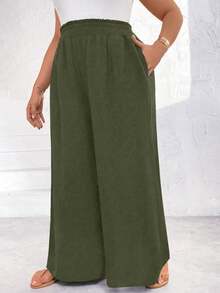 Flirla Plus Size Women Solid Color Simple And Concise Pleated Design Wide Leg Pants - Army Green - View 4