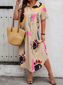 SHEIN Clasi Áo sơ mi tay ngắn in hình mắt thời trang cỡ lớn cho nữ mùa hè Boho Trang phục cho nữ - Màu Khaki - Xem 4
