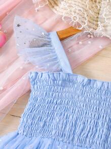 SHEIN Glamorique Kids 结婚纪念日少女夏季荷叶边网纱下摆短袖公主裙 - 霧霾藍 - 查看 3