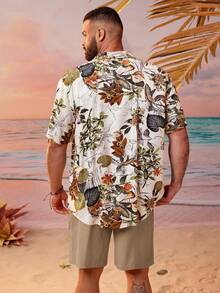 Manfinity RSRT Men Vacation Beach Leisure Plant Printed Short Sleeve Shirt And Solid Color Shorts Suit - Khaki - View 2