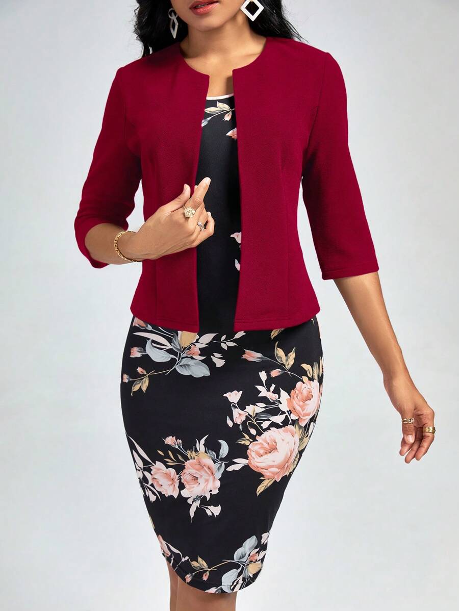 SHEIN Clasi Elegant Lady Flower Printed Slim Fit Sleeveless Dress & Solid Color Jacket 2pcs Set For Spring/Summer - Red - View 1
