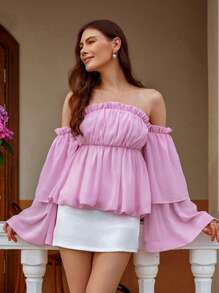 Aveloria Rosie Elegante Bluse für Frauen mit Volants, Off-Shoulder, mehrlagigen aufgeblähten Ärmeln und geraffter Taille in A-Linie - Pink - Übersicht 1