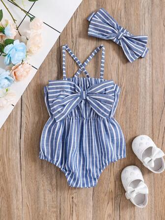SHEIN Vintaside Kids 2 piezas/set Enterizo rayado elegante y adorable con moño y diadema para fiesta de verano de niñas bebés