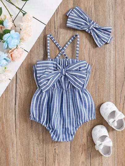 SHEIN Vintaside Kids 2قطعة/طقم بدلة مخطط أنيقة وجذابة مع فيونكة وشريط للرأس لحفلات الصيف للبنات الصغار