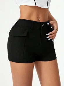 SHEIN EZwear Low Waisted Cargo Style Pocket Decor Women Casual Mini Shorts For Spring And Summer - Black - View 4