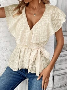 Chiquease Leisure Solid Color Cutout Ruffle Trim Shirt - Apricot - View 5
