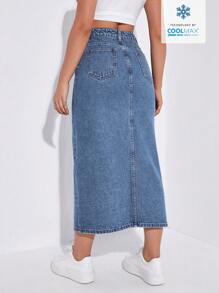 SHEIN EZwear Coolmax春夏款休閒前分直筒牛仔裙 - 中等水洗藍 - 查看 2