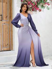 YISIKADO Women Evening Party Dress With Lantern Sleeves, Sequins, V-Neck, Open Back, Ombre Color And High Slit Elegant Long Sleeve Formal Prom Wedding Guest Gown, For Graduation, Dinner