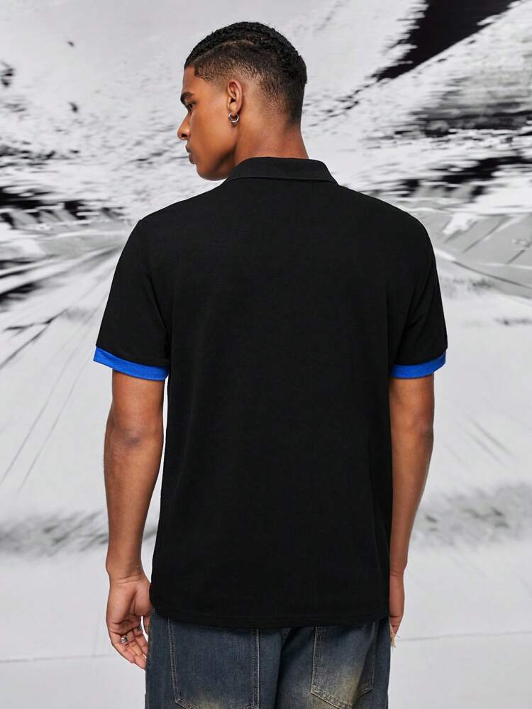 Chemise polo à manches courtes noire pour homme avec logo classique en tricot et motif de voiture imprimée combinés, décontractée