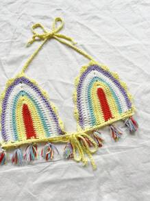 Soleia Chaleco con flecos en el dobladillo con rayas multicolores degradadas románticas para playa y ocasiones casuales para mujeres en verano, graduaciones y Pascua