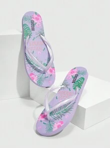 Flower Print Flat Bottomed Household Beach Flip-Flops With Flower Patterned Sole For Summer Vacation Shoes Summer Spring Shoes Spring Break Easter For Casual Beach Style