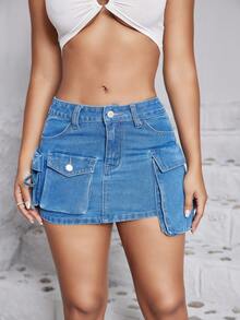 Quần short mini câu lạc bộ denim màu xanh retro gợi cảm Preppy - Màu xanh lam - Xem 6