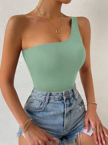 SHEIN Privé Ladies' Solid Simple Style One Shoulder Bodysuit For Daily Wear - Mint Green - View 5