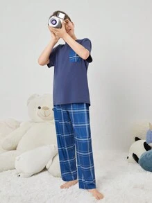 SHEIN Leap Crew Conjunto pijama acolchoado casual de camiseta e calça xadrez tricotada para Meninos pré-adolescentes - Azul - Visão 3