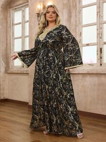 YISIKADO Plus Size Women's Arabian Printed Patch Round Neck Long Sleeve Dress
