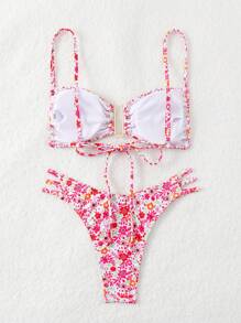 SHEIN Swim Women Summer Beach Random Ditsy Floral Print Bikini Set - Hot Pink - View 2