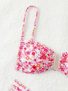 SHEIN Swim Women Summer Beach Random Ditsy Floral Print Bikini Set - Hot Pink - View 5