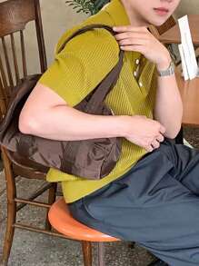 Claim Dot Men's Button Half-Placket Short Sleeve Crochet Knit Shirt - Mustard Yellow - View 2