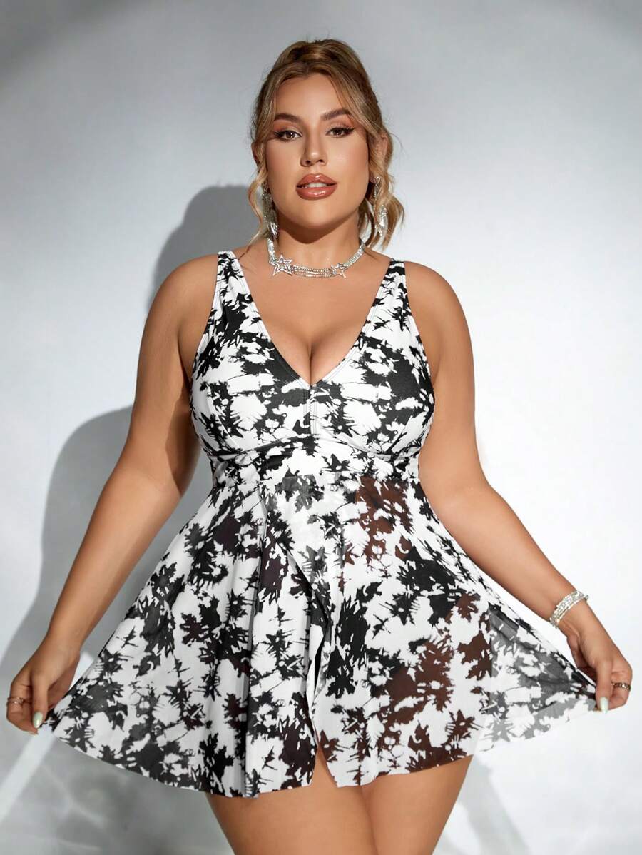 SHEIN Swim Curve Plus Size Summer Beach Allover Printed V-Neck Swim Dress & Swim Bottom - Black and White - View 1