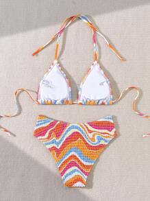SHEIN Swim Conjunto de bikini simple para mujer con tirantes cruzados en el cuello, estampado al azar para playa de verano