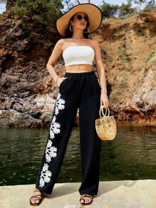 EURMUSE Women Floral Pattern Elastic Waist Boho Pants - Black - View 5