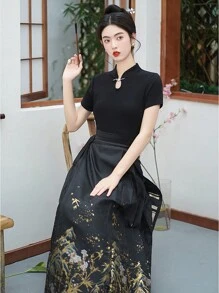 Autumn/Winter New Black & Gold Horse Face Design Hanfu Chinese Traditional Dress - Black - View 4