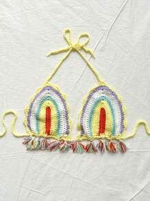 Soleia Chaleco con flecos en el dobladillo con rayas multicolores degradadas románticas para playa y ocasiones casuales para mujeres en verano, graduaciones y Pascua