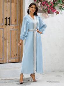 YISIKADO Damska dwuczęściowa sukienka z podszewką, tkaną wstążką i wiązaniem, arabska sukienka dla kobiet - Jasnoniebieski - Zobacz 5